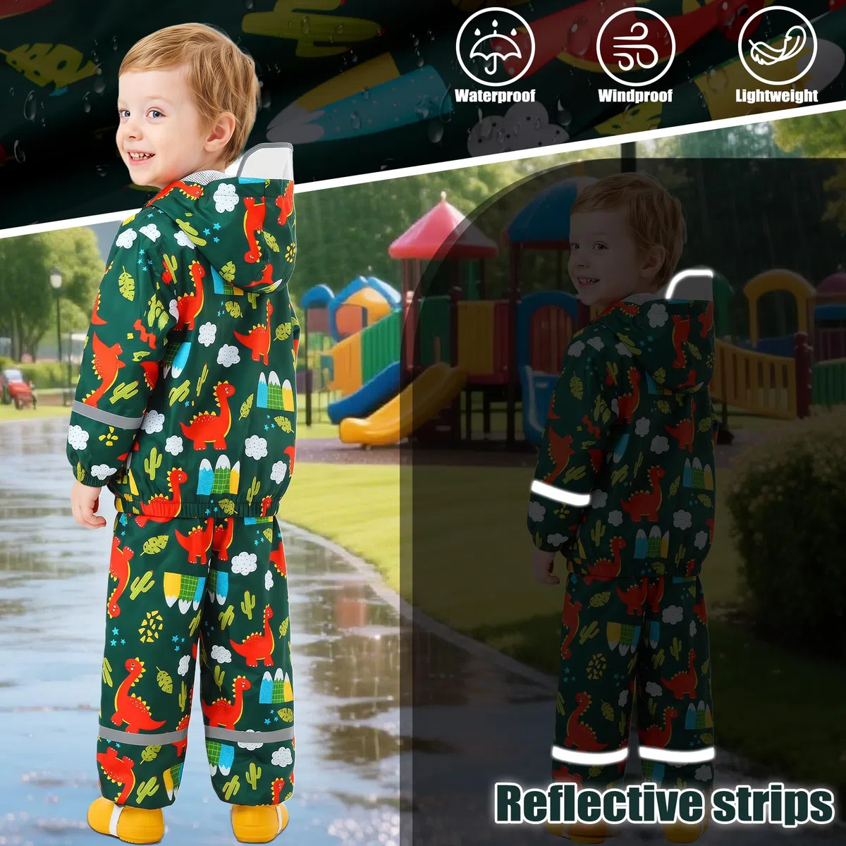 Tuta Impermeabile Ragazze, Leggero Antipioggia Giacca & Pantaloni Impermeabili con Riflettenti 2 Pezzi Set, Bambini Fodera in Rete Pioggia Completo Abbigliamento per Bambina 1-7 anni