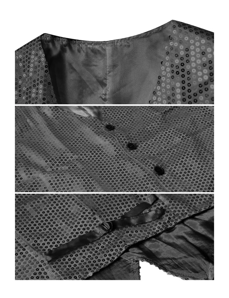 Wildarms Gilet da uomo con paillettes, papillon e vestito da ballo, per smoking, cena, scollo a V, slim fit