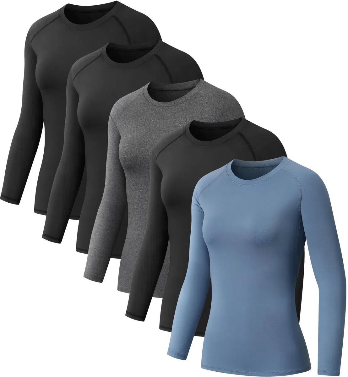NebuKinex Confezione da 5 magliette a compressione da donna a maniche lunghe, per allenamento, atletica, strato base, asciugatura rapida, palestra, yoga, corsa
