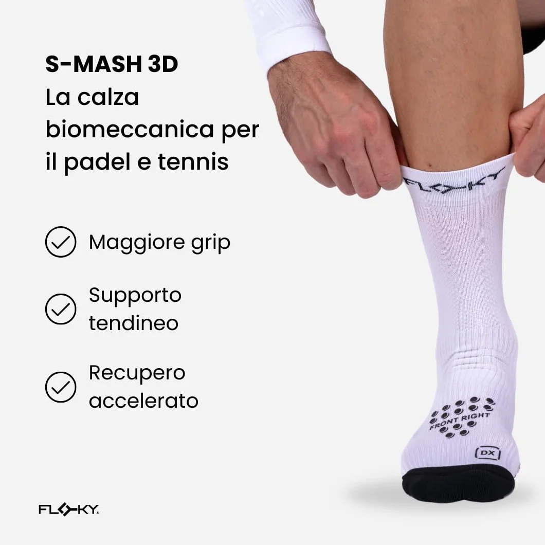 FLOKY S-Mash 3D calze padel biomeccaniche. Calza tennis e padel, antiscivolo. Caviglia stabilizzata, protezione tendine d'Achille, supporto plantare per comfort e recupero.