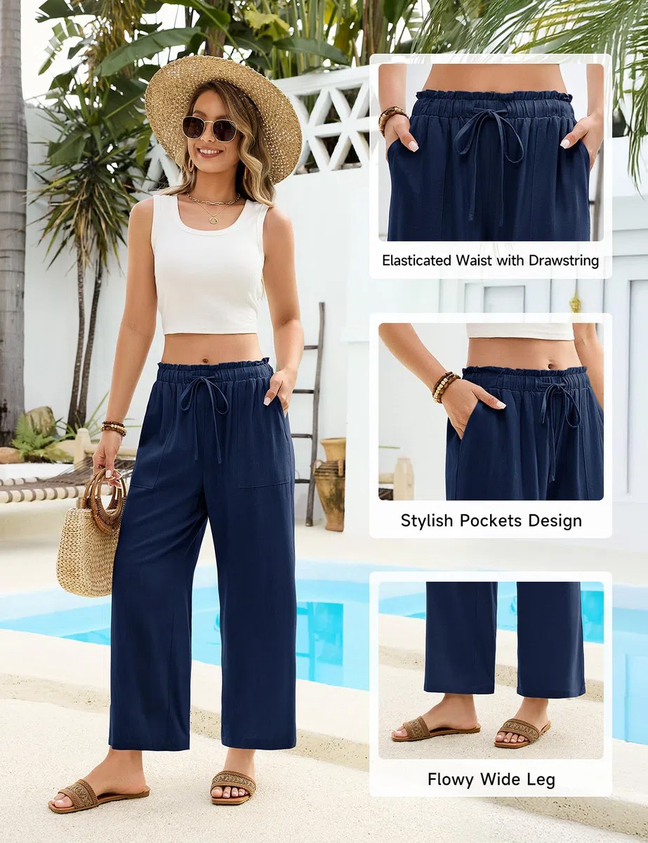 HEEKPEK Pantaloni Lino Donna Estivi Pantaloni Larghi Leggeri Elastico Vita Alta 7/8 Pantalone Comodi Gamba Larga Pantaloni Casual da Spiaggia con Tasche