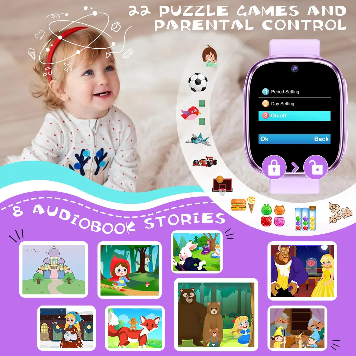 Smartwatch Bambini - Orologio Telefono per Ragazzi con Chiamata SOS Giochi Contapassi Musica Fotocamera Torcia Sveglia Audiolibri, Kids Smart Watch Intelligente per Bimbi 3-12 Anni Regalo (Viola)