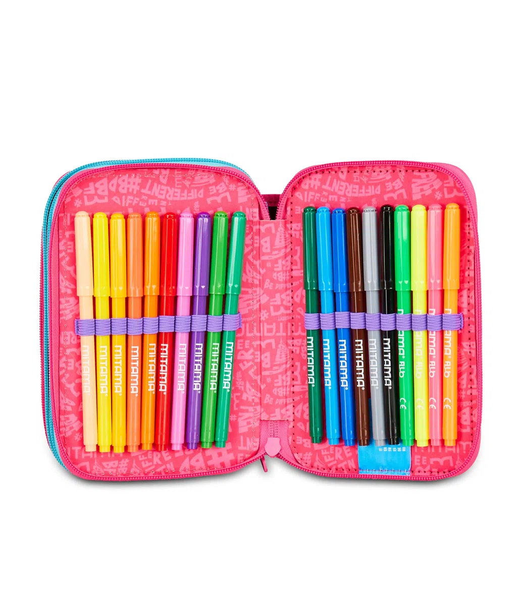 Mitama Astuccio Scuola 3 Scomparti, SUPER TRIPLO BUBBLE DREAMS, Contenuto 47 pz, Completo di Matite, Pennarelli, Portapenne Scuola Elementare Bambina