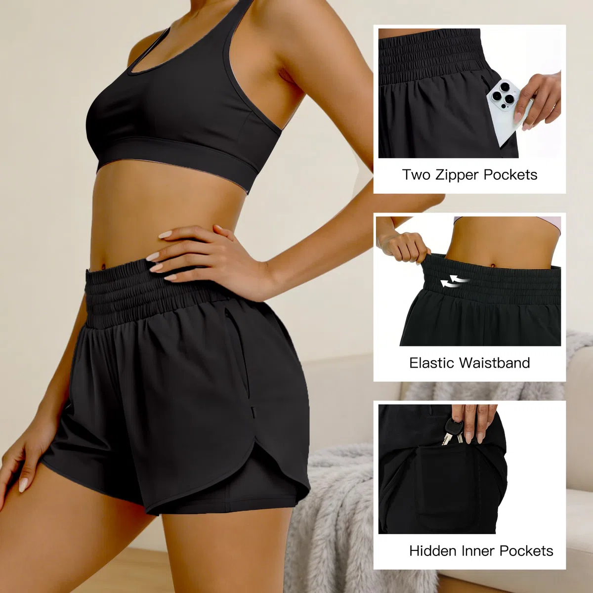 Pantaloncini da corsa da donna 2 in 1 con 2 tasche con zip