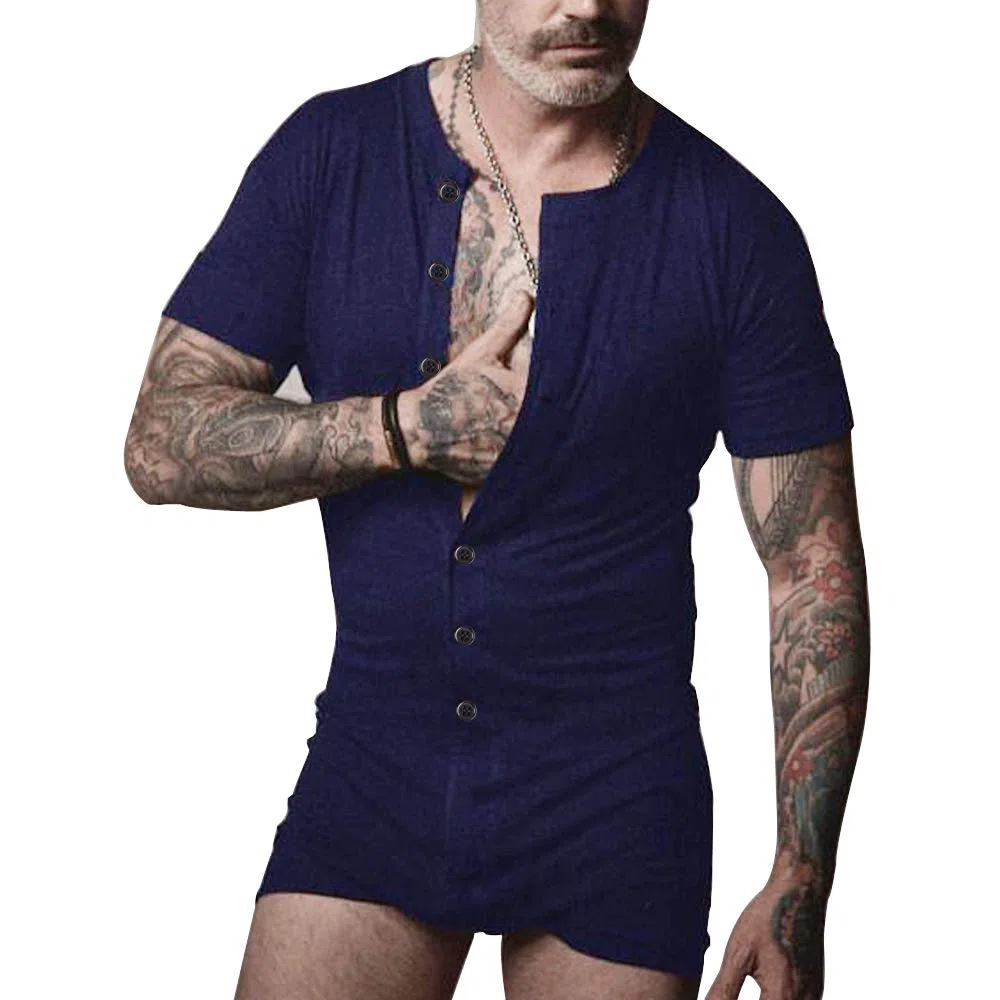 Muscle Alive Uomo Tuta Intera da Maniche Corte Uomo in Tutina Henley in Cotone Elasticizzato Super Confortevole