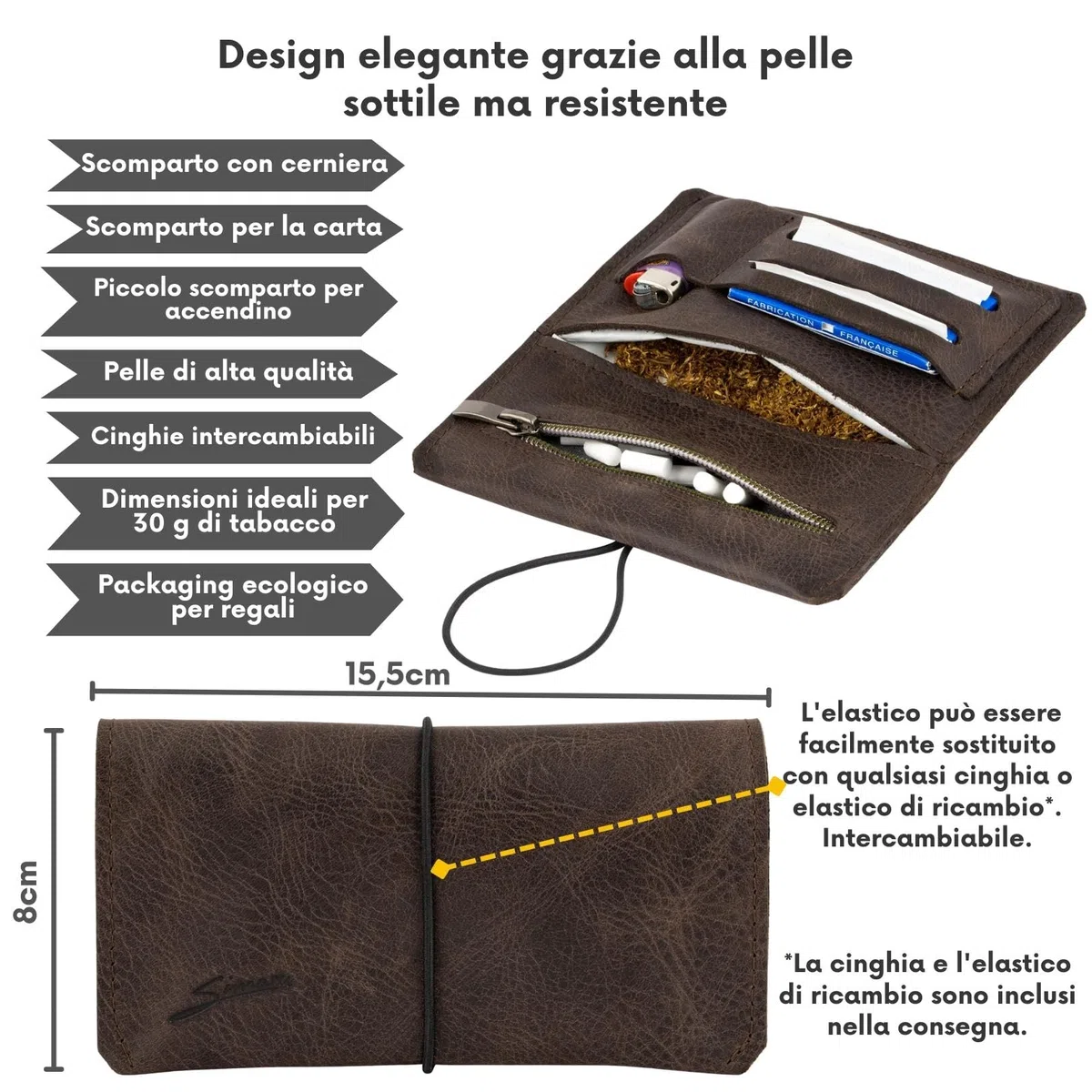 Porta Tabacco Simaru in Vera Pelle - Porta Tabacco Cartine e Filtri con Scomparto Extra per Accendino - Portatabacco Uomo Compatto 15.5x8x1 cm - Chiusura Scambiabile - Vari Colori Disponibili