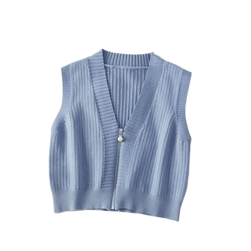 OFFSUM Gilet Maglione Da Donna - Con Cerniera Senza Maniche Scollo A V Canotta Stile Coreano Classico Primavera Autunno Tinta Unita Tutto-Corrispondente Temperamento Abbigliamento