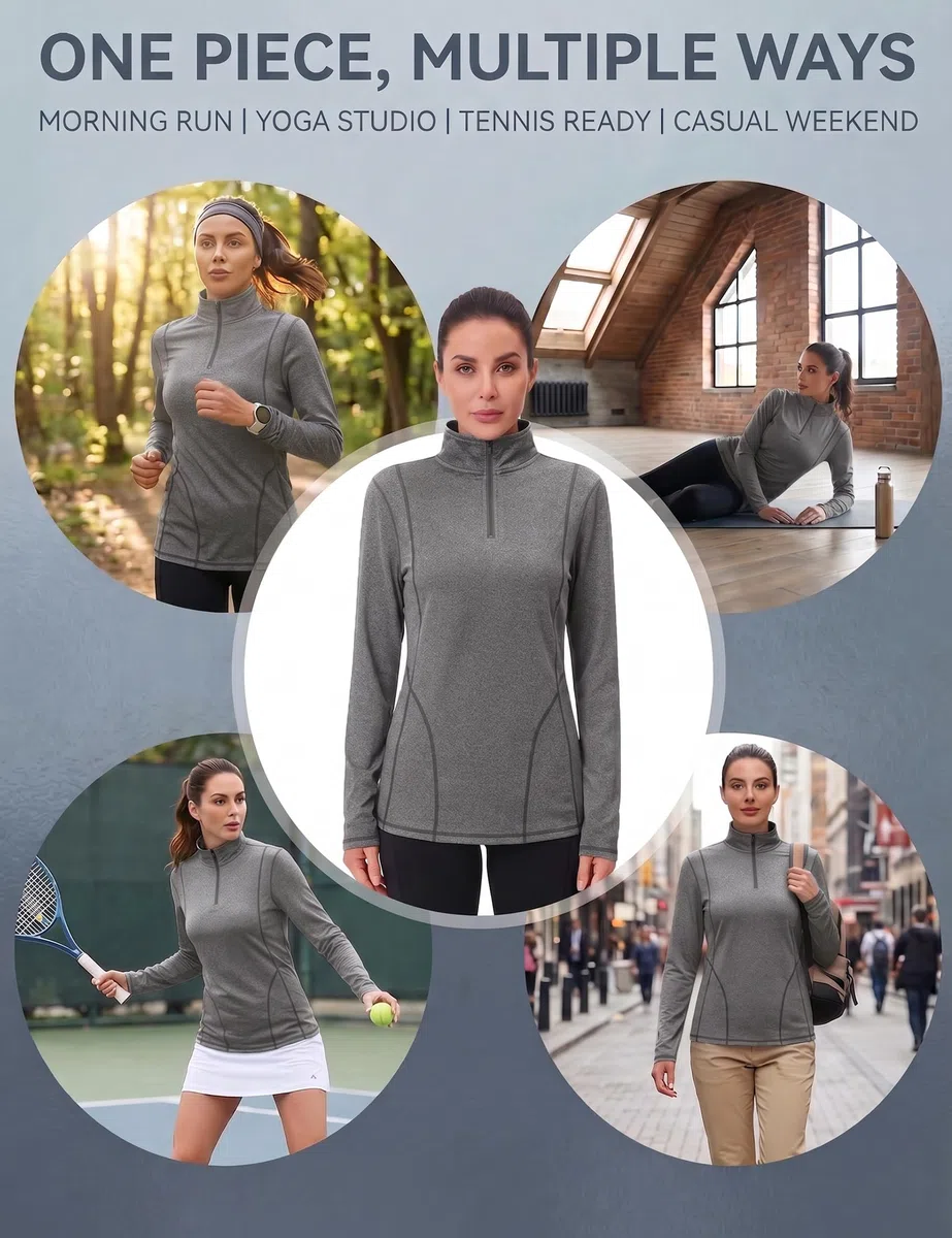 Terecey Camicia Termica da Donna con Zip a 1/4 Manica Lunga Collo Alto Pullover Caldo Sportiva Maglietta Yoga Palestra Running Shirt Top Allenamento Fitness Maglietta da Corsa S-XXL