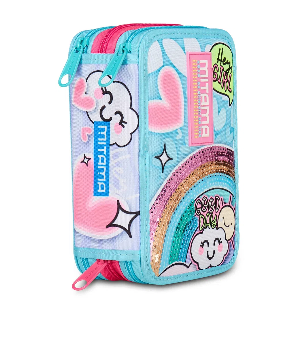 Mitama Astuccio Scuola 3 Scomparti, SUPER TRIPLO RAINBOW LOVE, Contenuto 47 pz, Completo di Matite, Pennarelli, Portapenne Scuola Elementare Bambina