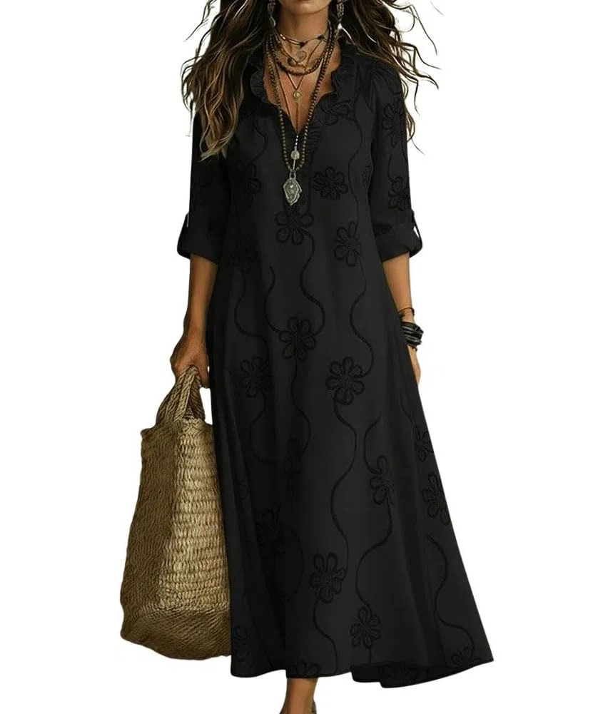 Abito Camicia Estivo da Donna in Stile Boho con Volant, Ricami Floreali e Maniche Lunghe Risvoltate—Tunica Casual Lunga da Spiaggia
