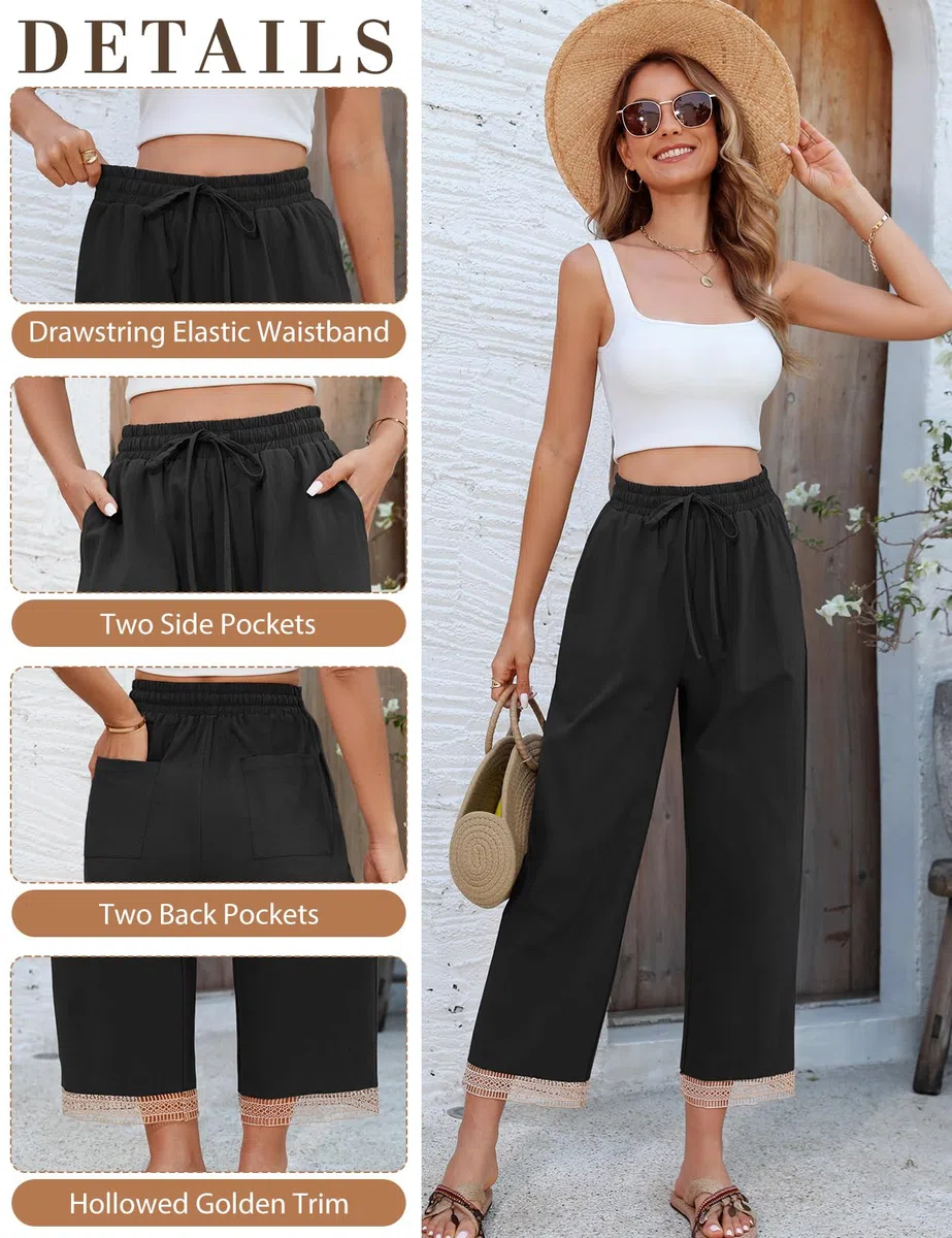 Pantaloni Donna Estivi Casual Cotone Pantalone Leggeri Larghi con Coulisse Elastico Pantaloni Vita Alta Gamba Dritta Pantaloni con Tasche