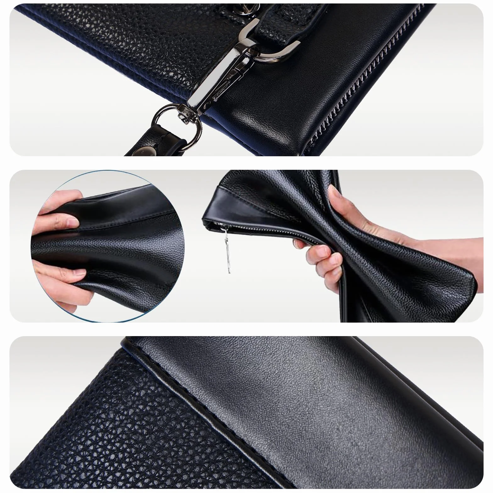 Eshow Pochette Uomo, Borsello Uomo a Mano in Pelle Sintetica, Borsa da Polso Borsetta Chiusura a Zip para Lavoro Ufficio Viaggio Conferenza Nero