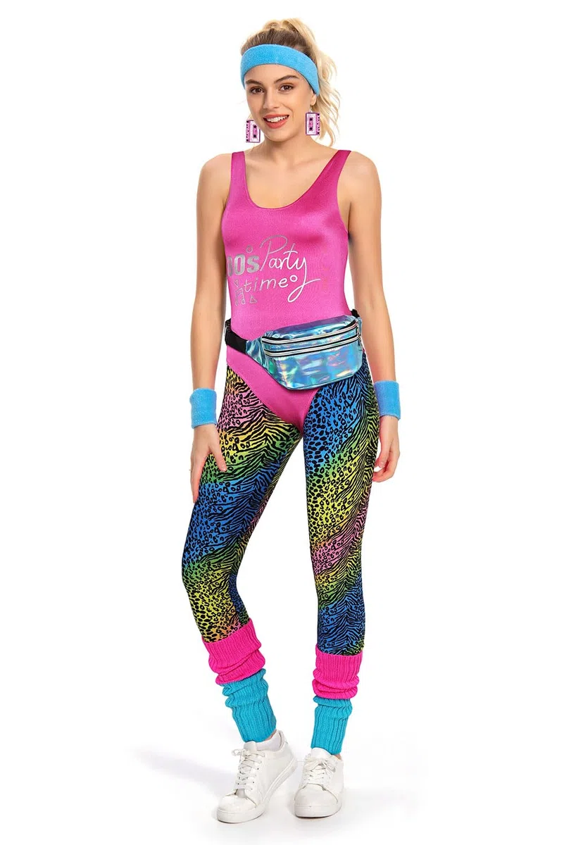 Costume da fitness anni '80 da donna, set di 6 pezzi, tuta colorata per aerobica, abbigliamento da yoga e pantaloni sportivi