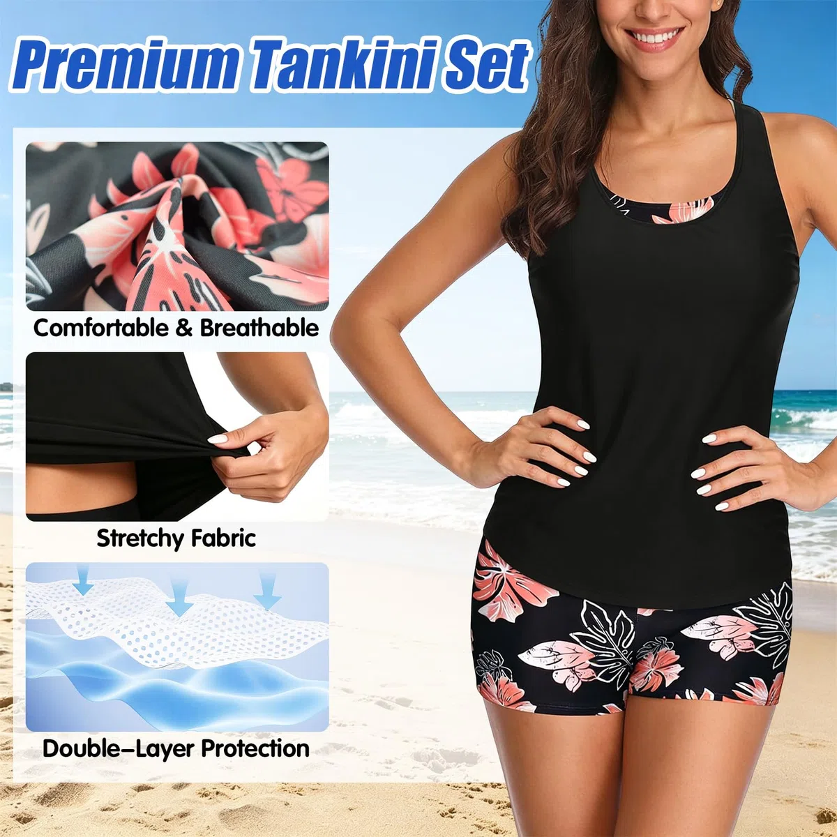 Set di Tankini da Donna, Costume da Bagno con Incrocio di Lacci sul Retro e Design Forato, Costume da Bagno a Due Pezzi, Slip Boxer Shapewear per Snellire la Pancia