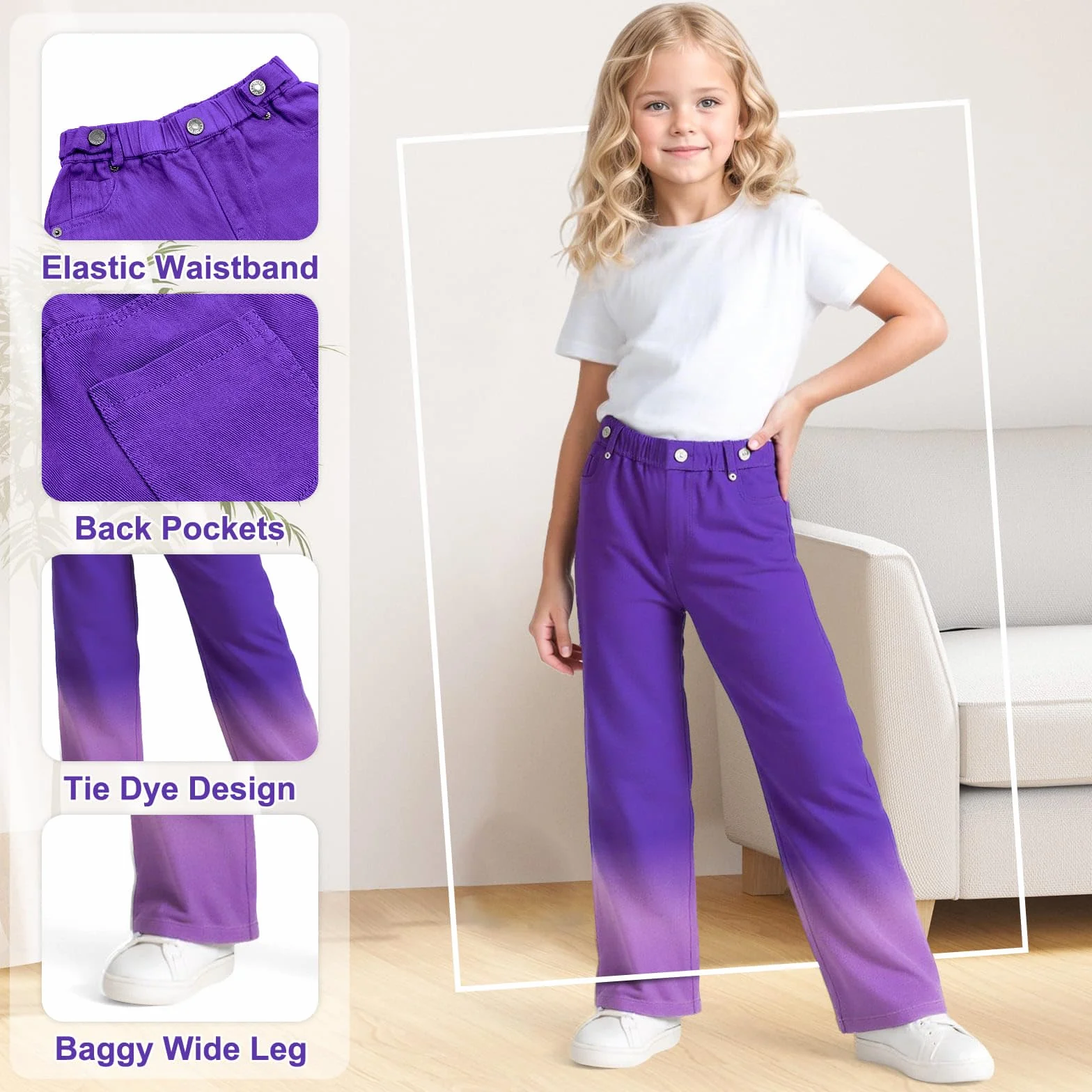 Jeans Ragazze Larghi Baggy Denim Pantaloni Bambina Gamba Larga Elasticizzati Vita Lunghi Jean Ragazza Colorati Loose Fit Casual Pants Leggeri Moda Streetwear, 7-14 Anni