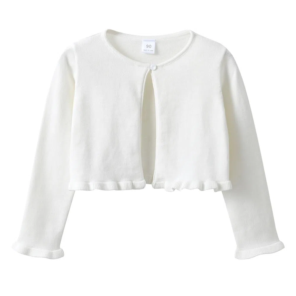 Cardigan bolero lavorato a maglia a maniche lunghe per bambine da 1 a 13 anni, tinta unita, con volant, per feste di nozze