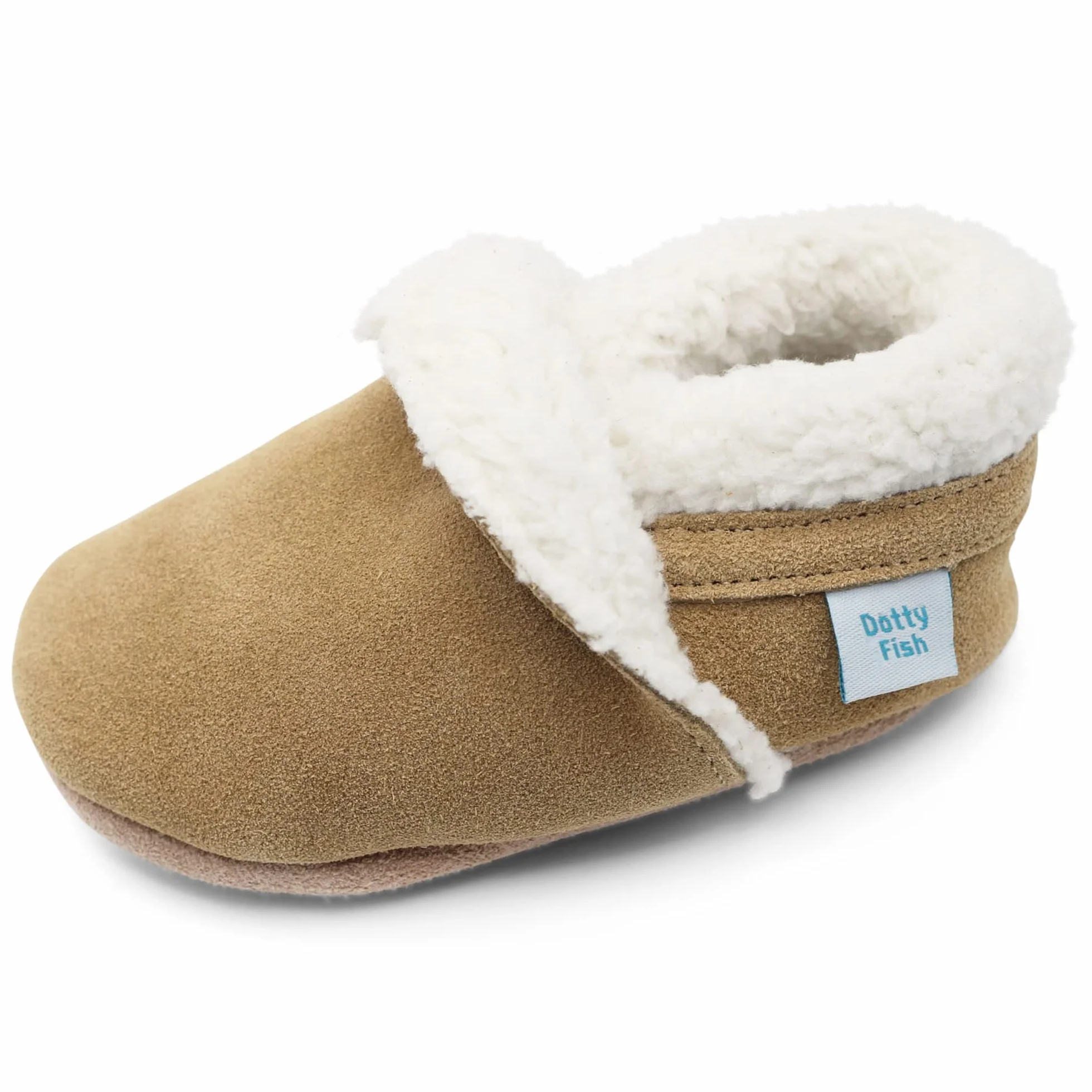 Dotty Fish Pantofole a Piedi Nudi in Pelle Scamosciata per Neonati e Bambini – Foderate in Pile, Antiscivolo, Leggere e Flessibili - Consigliate dai Podologi - 0–5 Anni