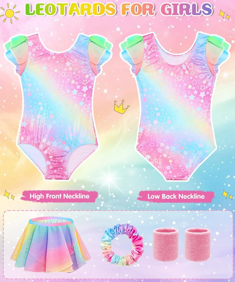Body Ginnastica Artistica Bambina, Set 5 Pezzi con Body Senza Maniche, Pantaloncini, Fascia Capelli, Polsini, Completo per Ginnastica, Danza e Spettacoli, 4-9 Anni