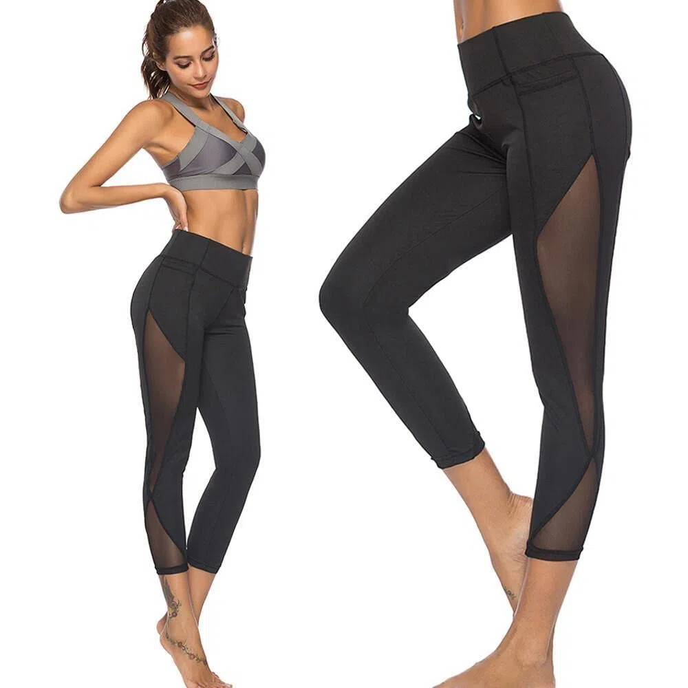 Donna Allenamento Sportivi Capri Leggings Traspirante Stretching Pantaloni Vita Alta Palestra Fitness Leggins Push Up con Tasca