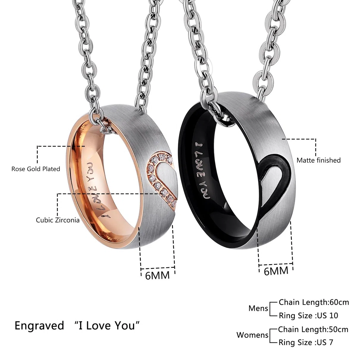 Collana Donna e Uomo, 6MM I Love You Acciaio Inossidabile Anello Collane Pendente Cuore, Collana Coppia Incisione Personalizzata