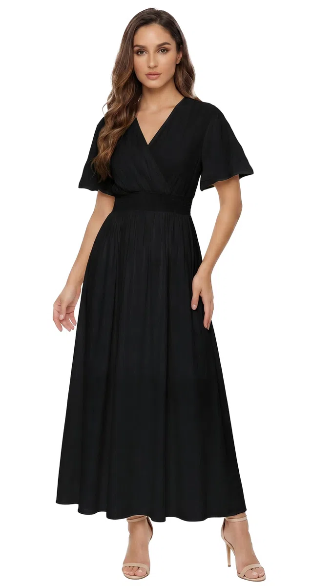 Vestito Donna Estivo Lungo Elegante Casual Tinta Unita Scollo a V Maniche a Volant Vita Elastica Linea A Abito Spiaggia Mare Q131