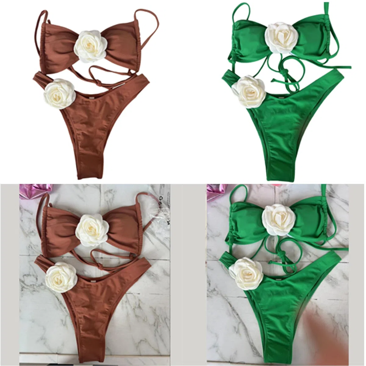 Costumi da bagno da donna a due pezzi con fiori 3D, taglio alto, push-up, costumi da bagno con spacco, per costumi da bagno da spiaggia