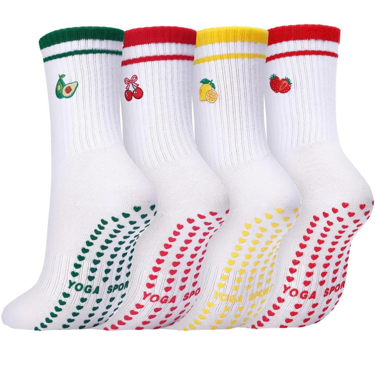 Boyiee 4 Paia Calzini 3/4 da Pilates per Donna, Antiscivolo, Motivi di Frutta Ricamati, in Cotone, per Sport, Fitness, Corsa