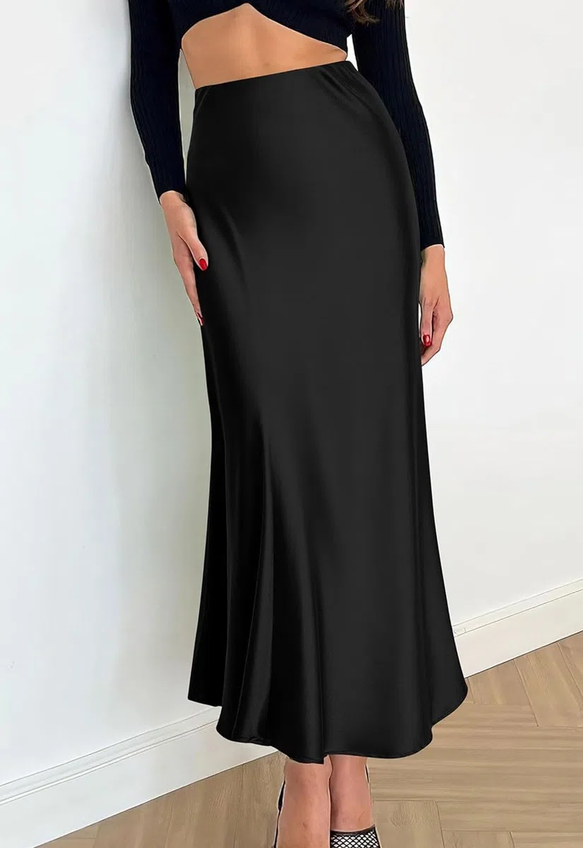 Genfien Gonna Donna Lunga Raso Vita Alta Elegante Seta Gonna a Vita Elastica con Zip Elastica Solida Colore Gonna Festa Estate Casual Leggero Senza Fodera