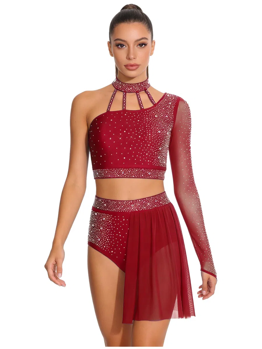 Agoky 2 Pezzi Vestito da Danza Lirica Donna con Strass Crop Top con Gonna Irregolare in Rete Abito da Pattinaggio Artistico Latino Tango Performance