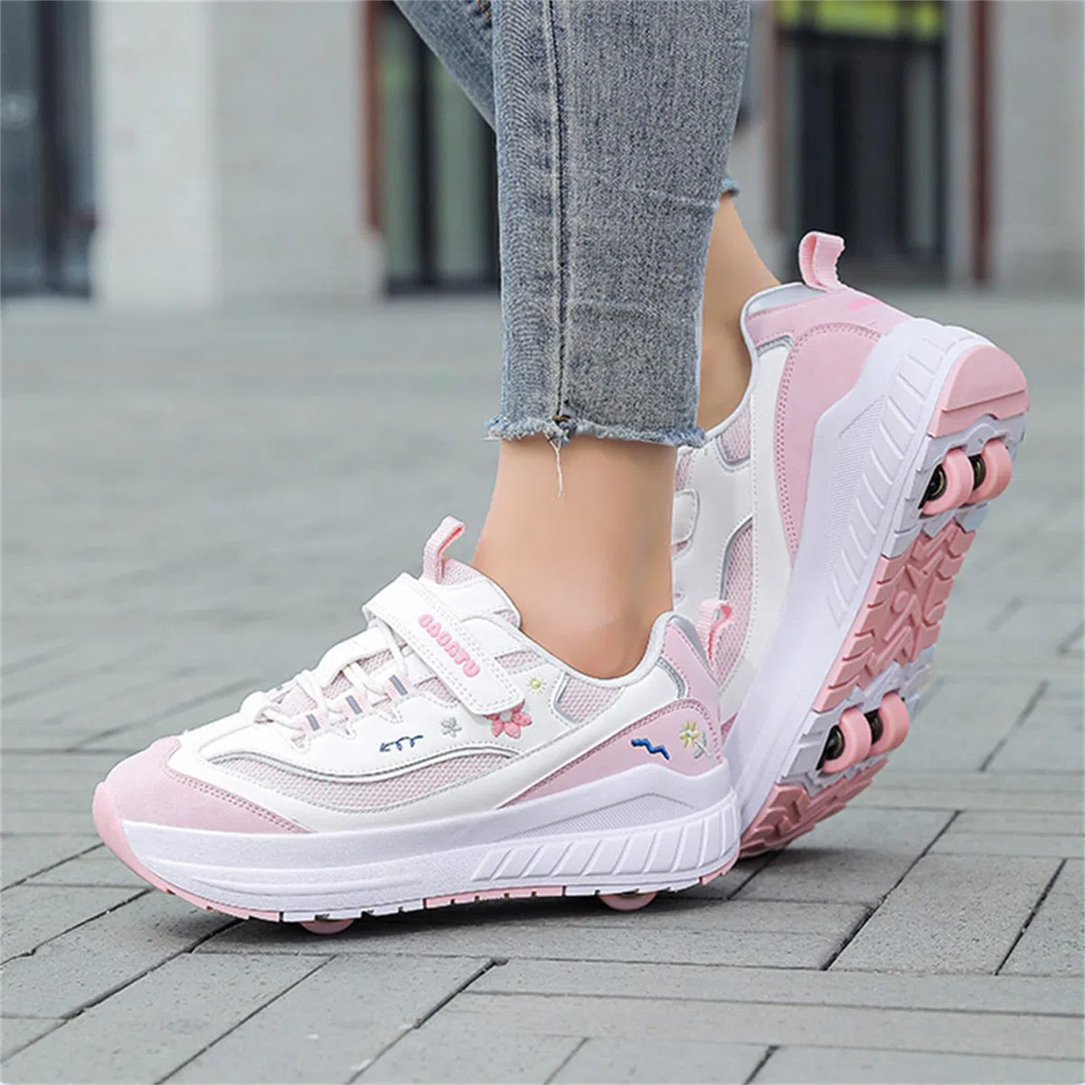 Mateju Scarpe con Rotelle Bambina Ragazza Ragazzo Sportive Scarpe da Skateboard, Fiori 4 Rotelle a Rimovibile Skateboard Ginnastica da Pattini Sneakers per Bambino