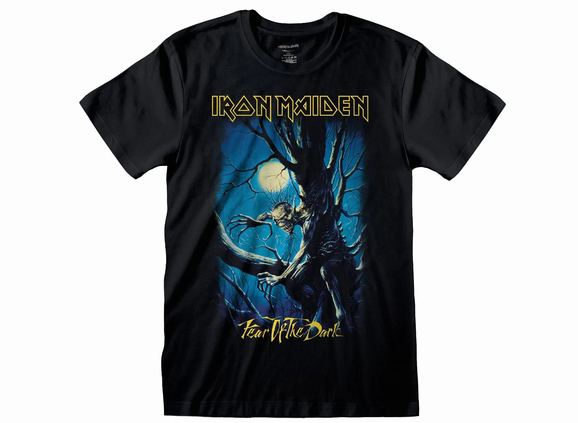 T-Shirt Iron Maiden Fear of The Dark. Maglietta Rock Ufficiale Nera. Band Heavy Metal. Cotone. Unisex. Adulto Ragazzo.