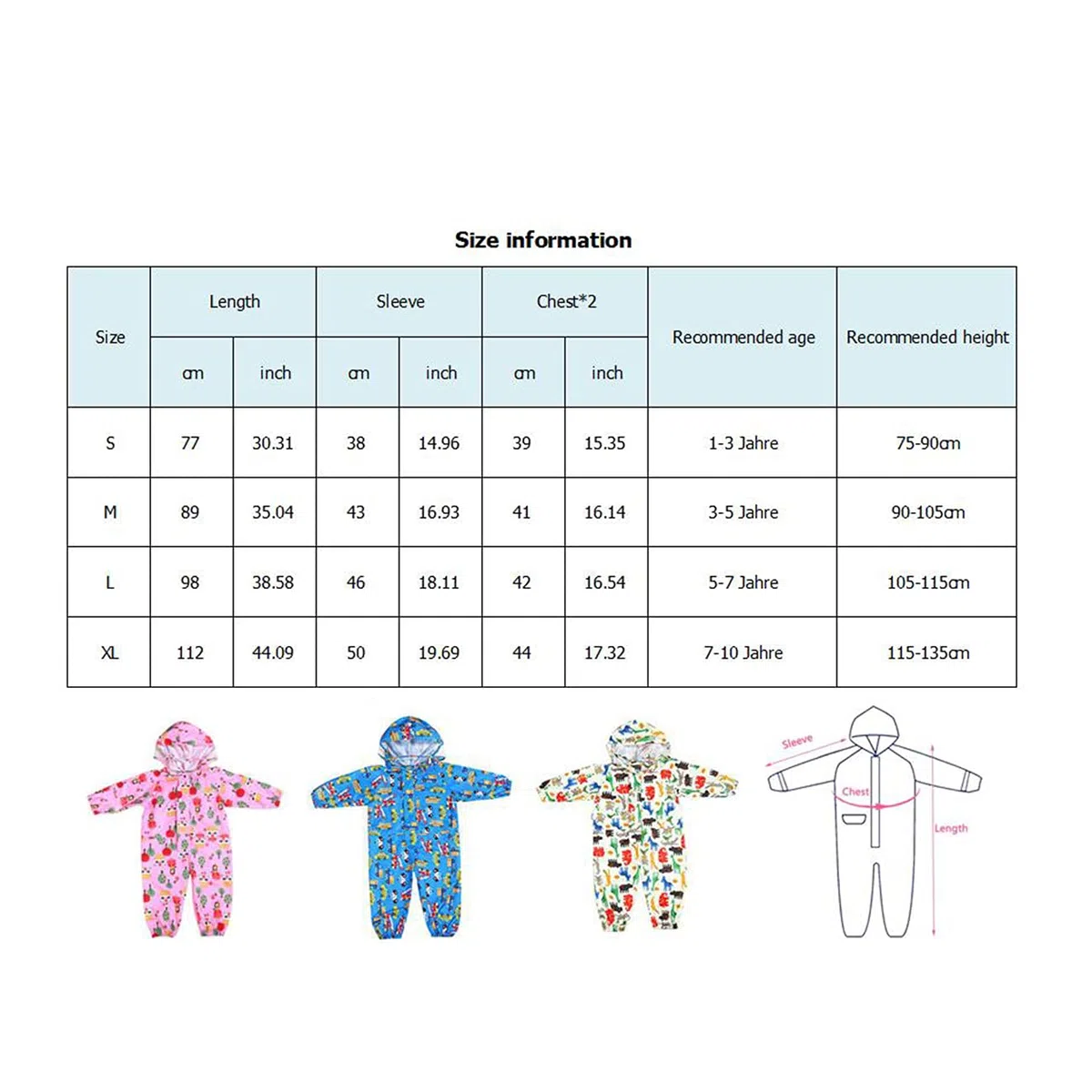 Pioggia Completo Bambini Pioggia Cappotto Impermeabile Impermeabile in Un Unico Pezzo 75-135cm 1-7 Anni