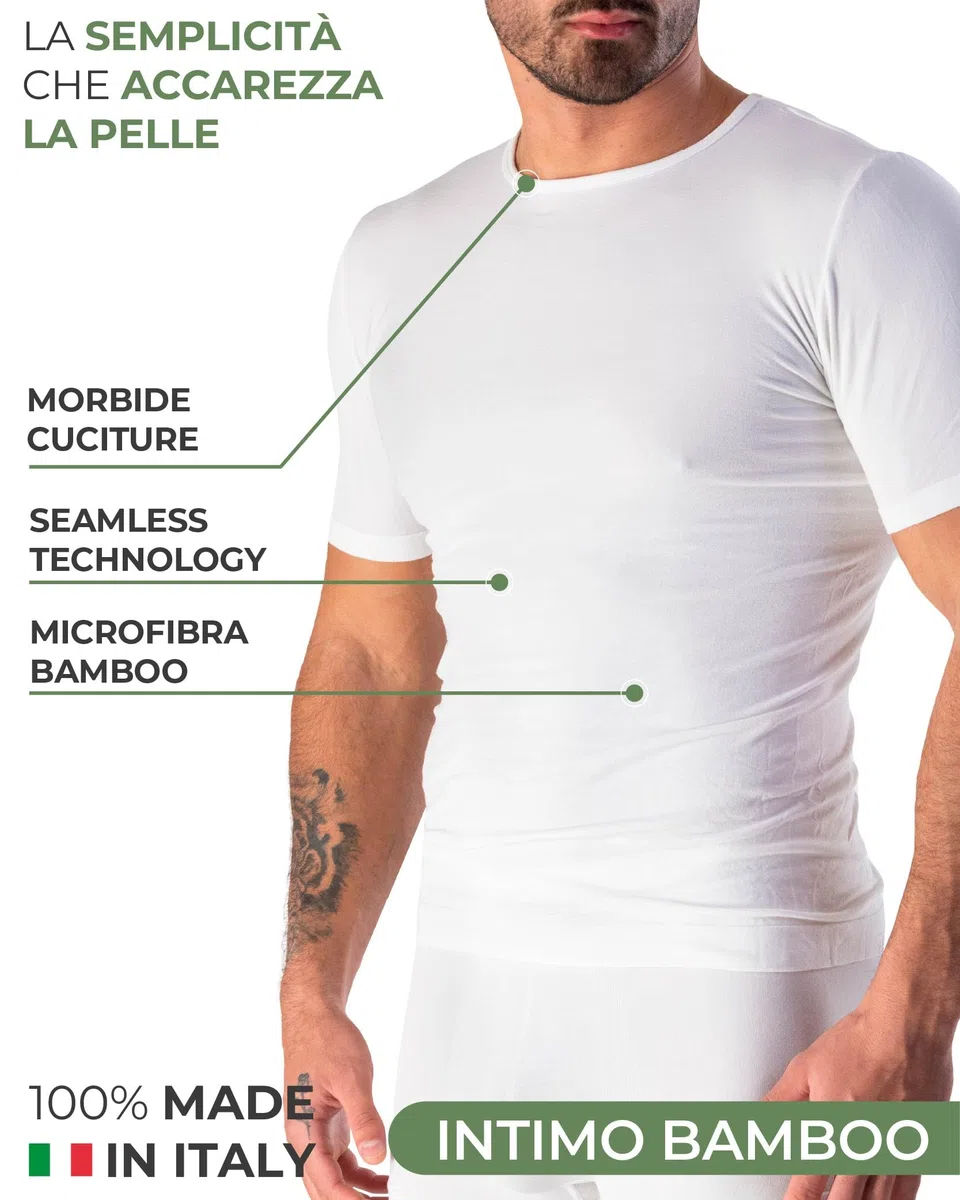 Risalti Maglietta Intima Uomo Bamboo Girocollo - Maglia Uomo Manica Corta Senza Cuciture, Bamboo T-Shirt in Viscosa più Morbida del Cotone, Traspirante e Confortevole - Made in Italy