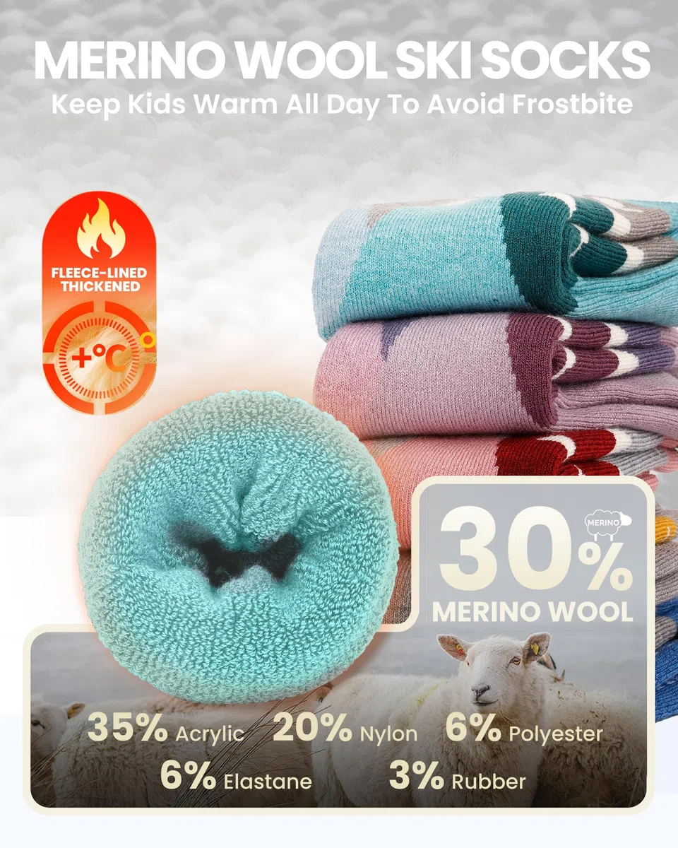 OutdoorMaster 2 Paia Lana Merino Calze da Sci per bambini, Calze Invernali da Snowboard Traspiranti per Ragazze/Ragazzi per Sport All'aria aperta con Sopra il Polpaccio Design/Polsini Antiscivolo