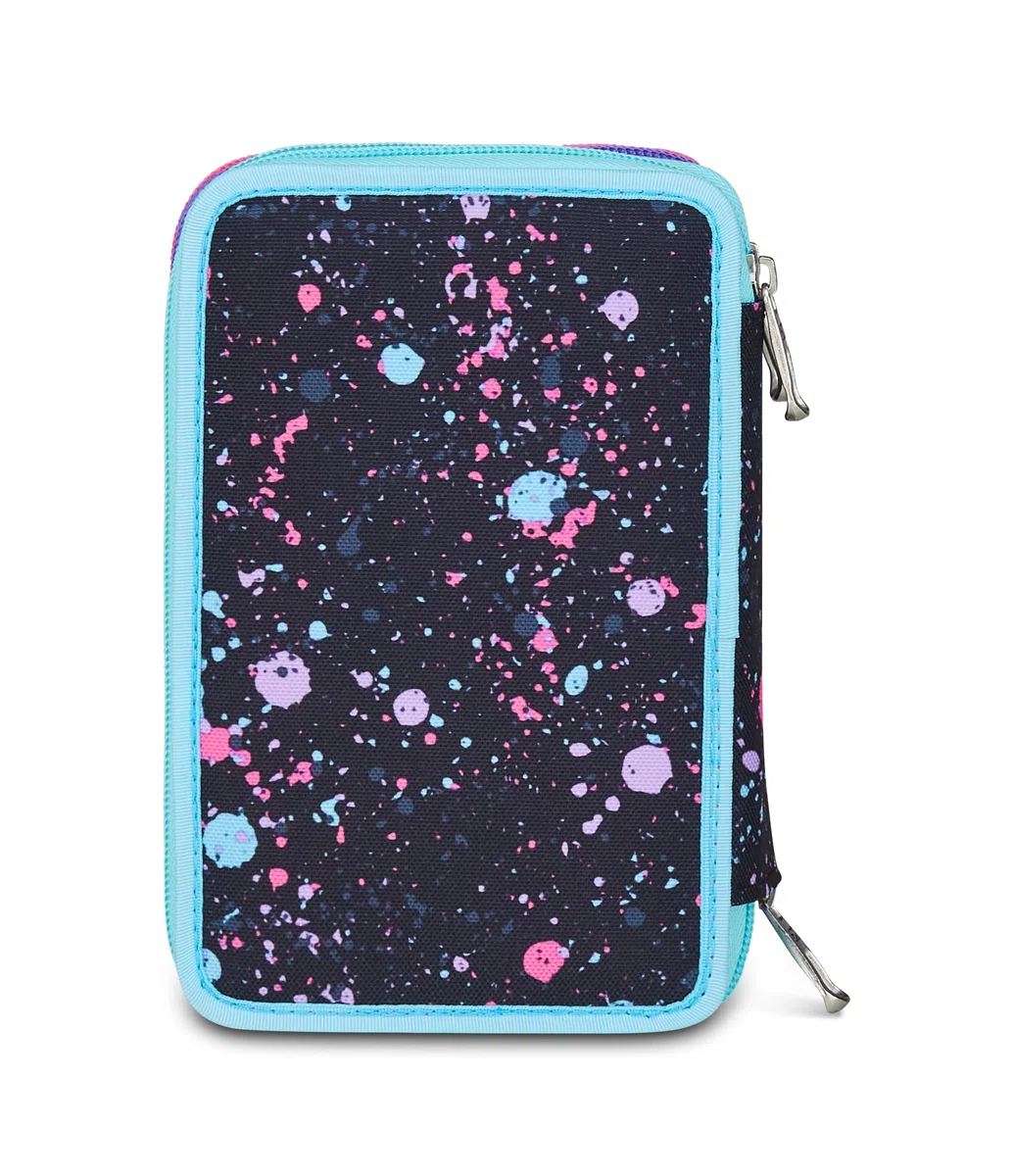 Seven Astuccio Scuola Elementare, 3 scomparti, Medie, con Matite, Pennarelli, Penne, 3 Zip, Universe Spots, Bambina e Ragazza, viola/nero