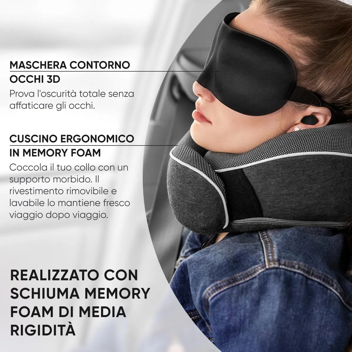 Proglobe Cuscino cervicale aereo, cuscino da viaggio, 100% memory foam, cuscino ortopedico, per viaggi con aereo, auto, treno, con maschera 3D, borsa a rete di alta qualità, Grigio scuro