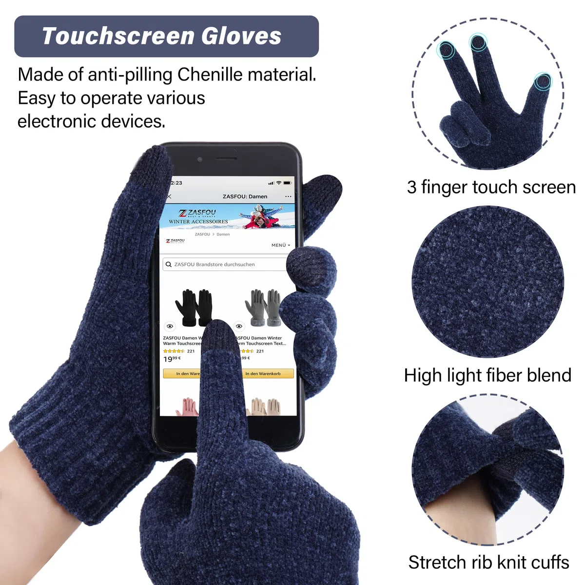 ZASFOU Donna Inverno Berretto Cappelli Sciarpa Touchscreen Guanti Set Maglia ciniglia Teschio Berretto Caldo Pile Foderato
