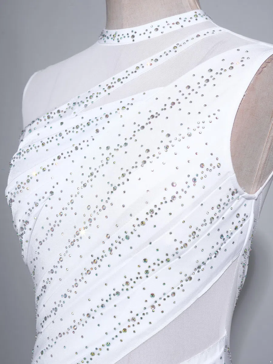 Vestito da donna Danza Pattinaggio Artistico Body Ginnastica Strass senza maniche Costume Danza Concorso Contemporaneo