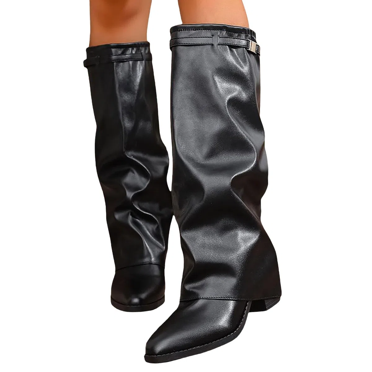 MJGkhiy Stivali Donna Invernali Con Tacco Comodi Stivaletti Texani Eleganti Marroni Stivaletto Al Ginocchio Pelle Stivale Con Ghetta Risvolto Caldo Nero Boots Cowboy