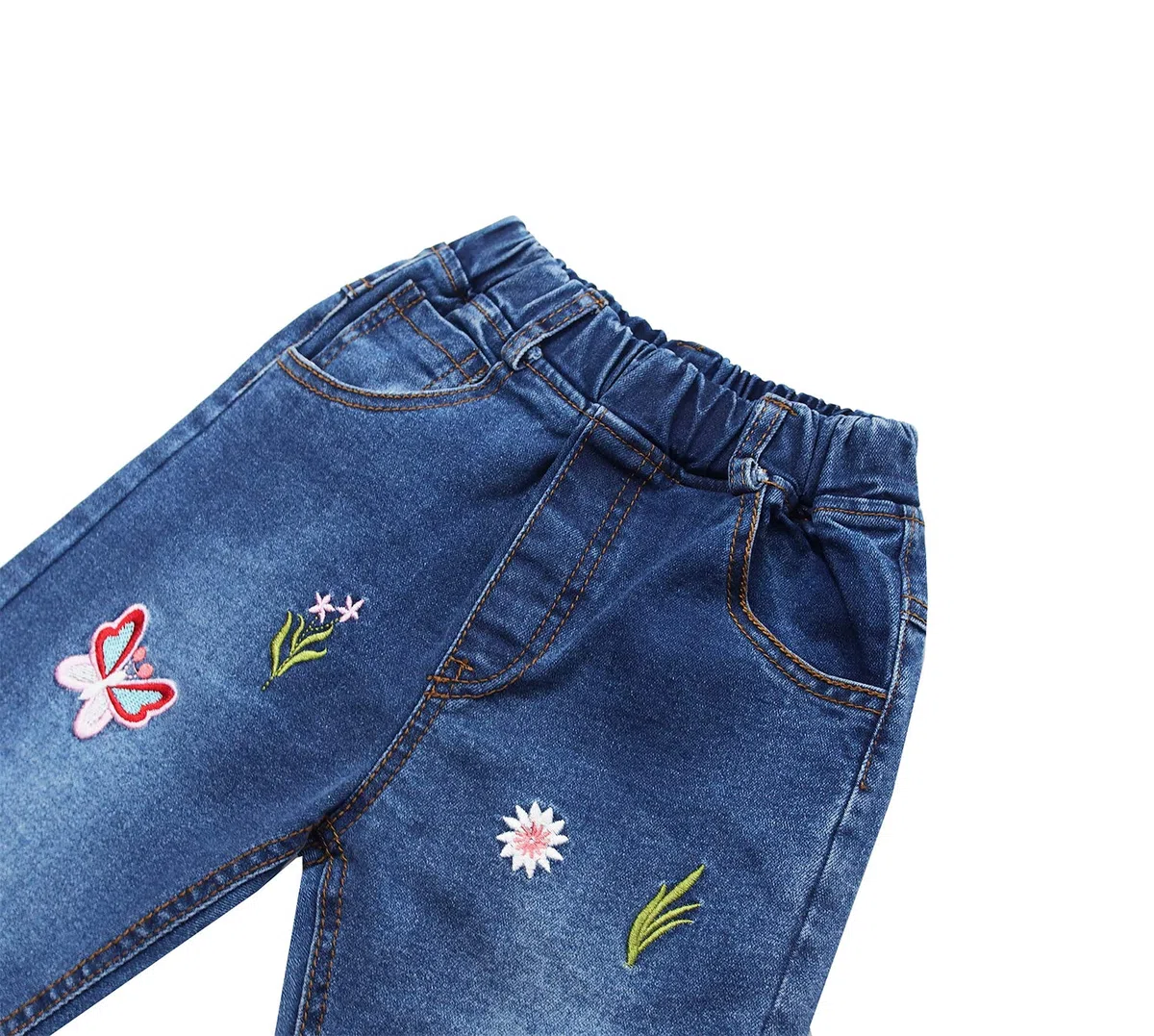 KIDSCOOL SPACE Jeans Ricamati da Bambina,Pantaloni con Fondo in Denim Elasticizzato in Vita da Bambina
