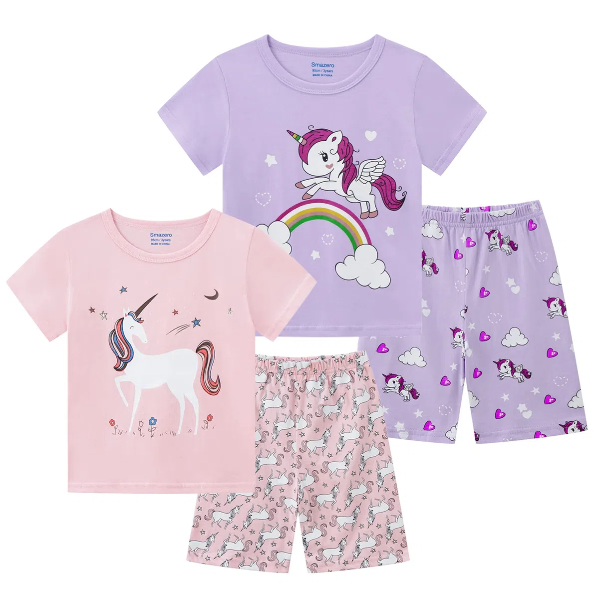 Pigiama estivo per bambine con unicorno, in cotone, a maniche corte, per bambini da 3 a 8 anni, 4 pezzi