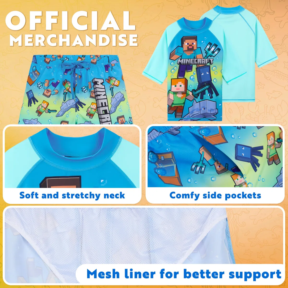 Get Trend Minecraft | Pokemon Swimsuit Set for Boys Teenagers 2 Pcs with Swimming Trunks Boys Rash Vest for Swimming Beach Trip Holiday Essentials