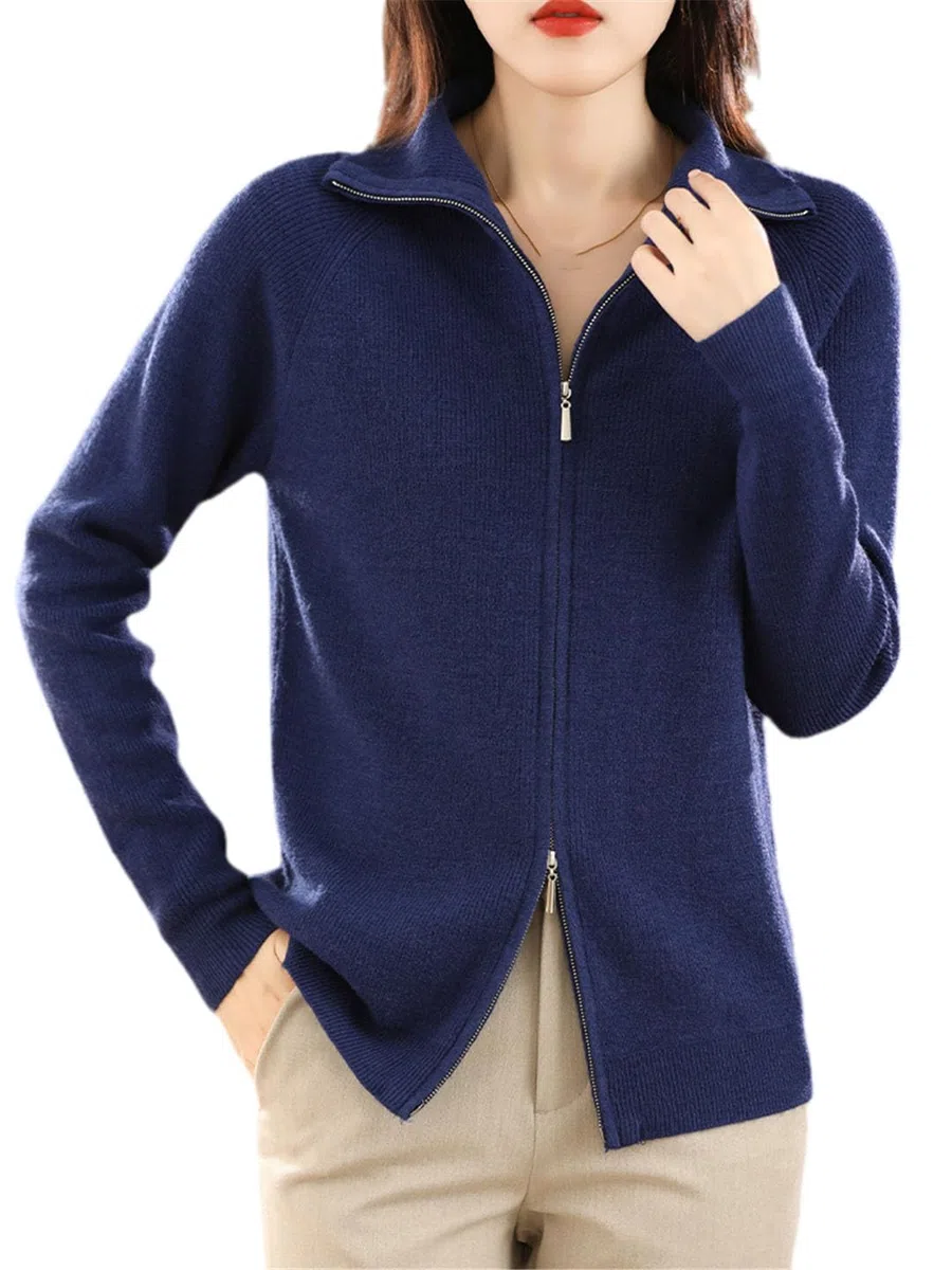 Ownwfeat Maglione di Lana da Donna Doppia Cerniera Cardigan con Risvolto Inferiore Giacca da Donna in Maglia Casual