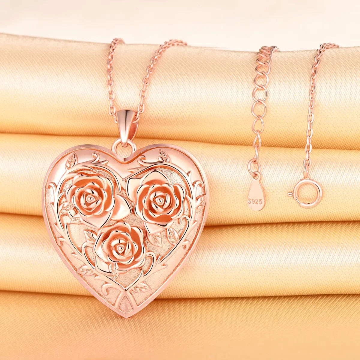 Collana Rose Foto Personalizzata Medaglione Cuore in Argento 925 per Donna Ragazza, Ciondolo Cuore con Tre Rose, Regalo Gioiello Portafoto per Fidanzata Madre Figlia