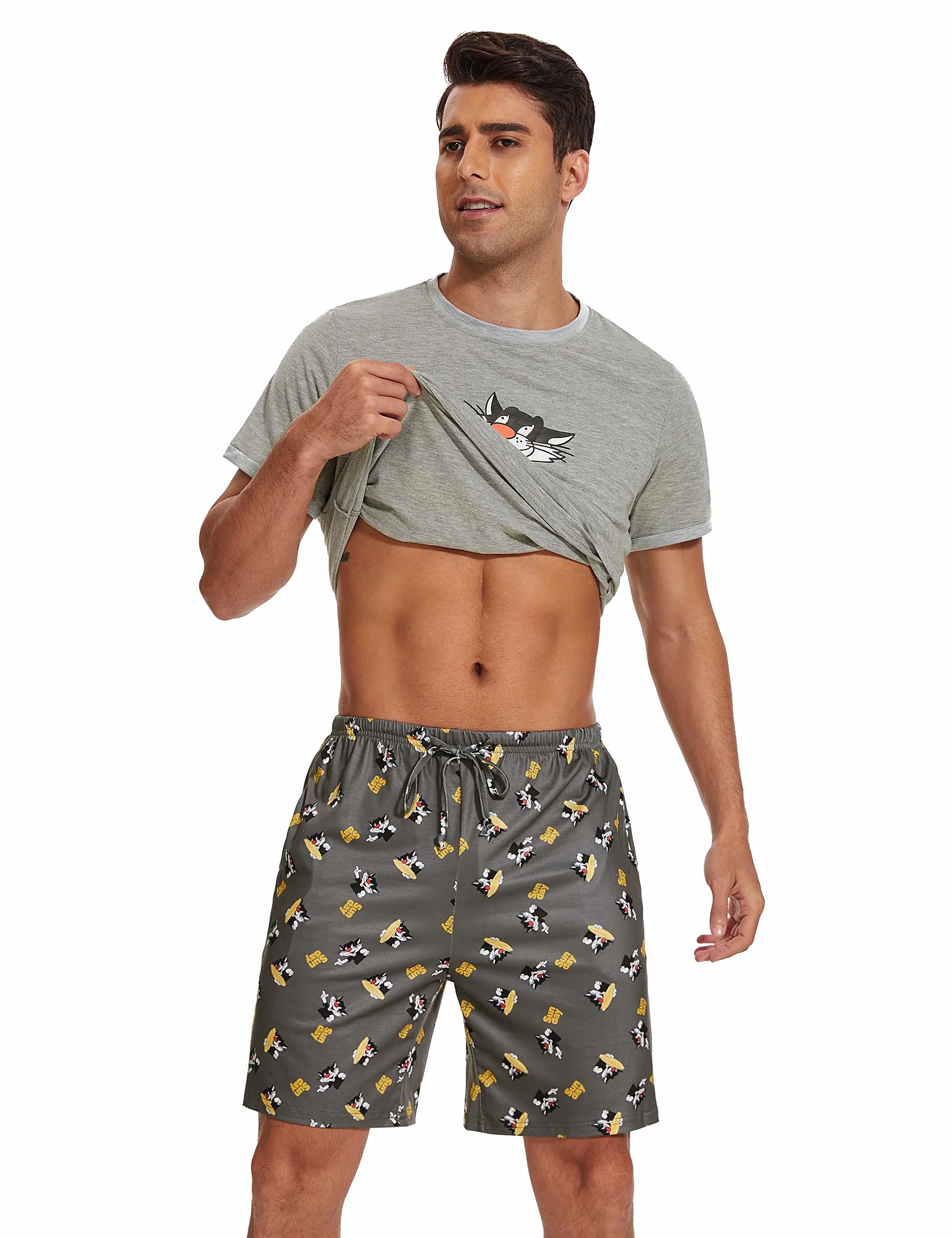 Demegimi Pigiama Uomo Estivo Cotone Corto Leggero Pigiama da Uomo Pigiami Due Pezzi da Uomo a Maniche Corte Modello Carino Stampa e Pantaloncini