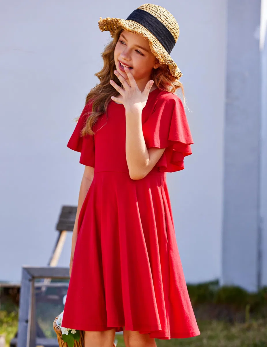 Arshiner Abito da Bambina con Maniche a Farfalla, Svasato, Scollo Rotondo, Estivo, in Cotone, per Feste, Matrimoni, Abbigliamento Casual per Bambini, con Tasca, 5-13 Anni