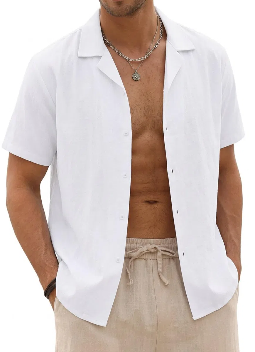 Halfword Uomo Camicia Lino Manica Corta Estiva Casual Risvolto Cotone Hawaiian Tinta Unita Vacanze Beach