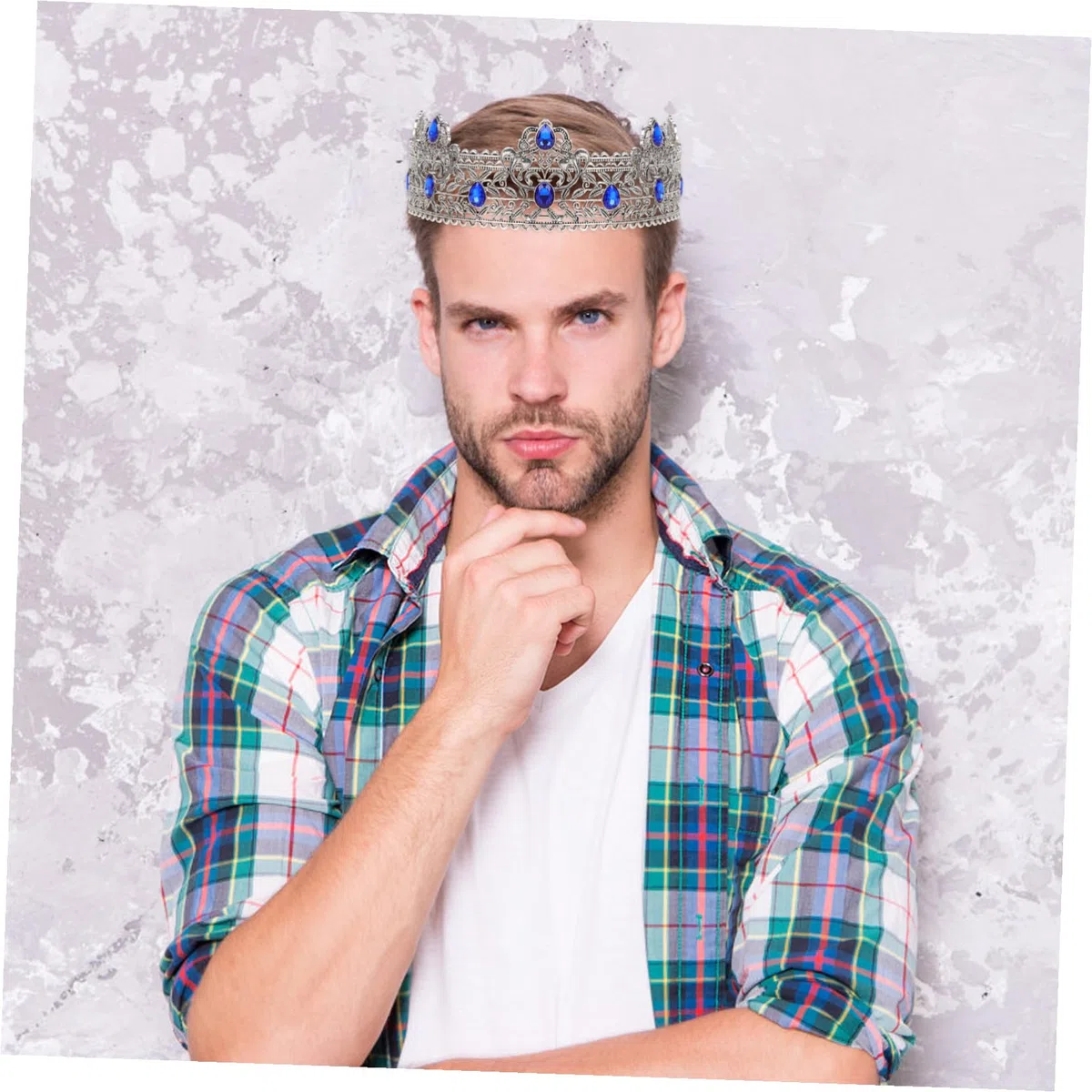 Corona Barocca Argento per Uomo Decorazioni di Strass, Lega di Zinco Leggera, Design Unico Europeo per Feste Teatrali e Compleanni