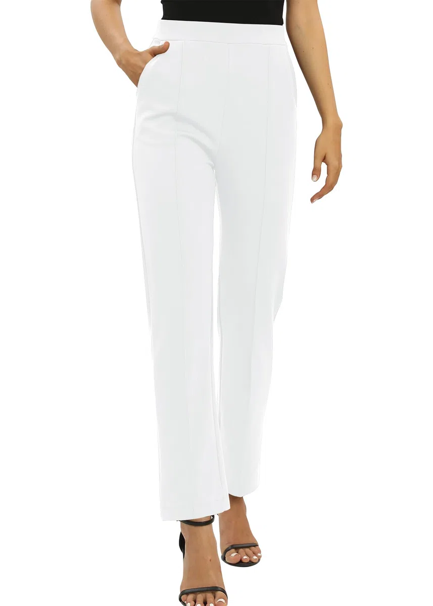 EXCHIC Donne Ufficio Casual Elastico Alta Vita Gamba Dritta Pantaloni con Tasche