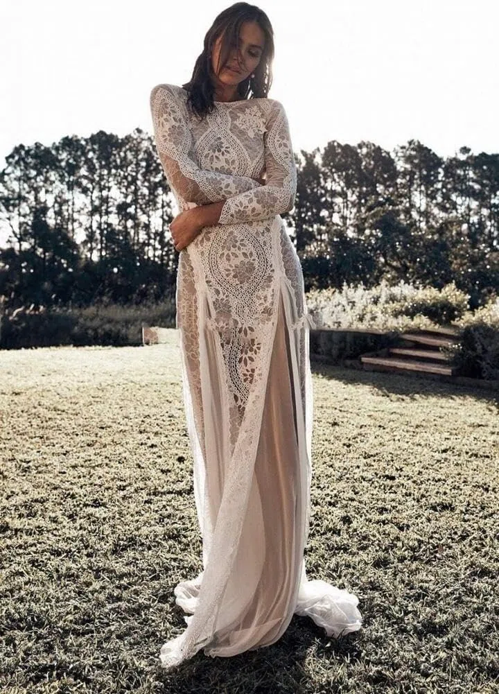 Elegante Abito da Sposa Vintage in Pizzo Senza Schienale Boho Beach Abiti da Sposa Eleganti Manica Lunga Fodera Nuda Abiti da Sposa Bohémien Country,Bianca,40